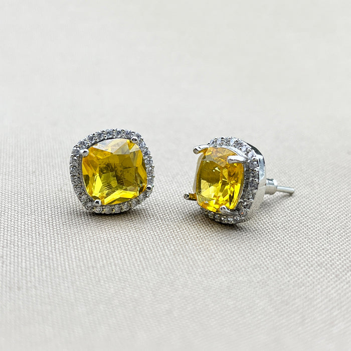 Elegant Silver Stud Earrings Featuring Bright Citrine and Sparkling CZ Stones