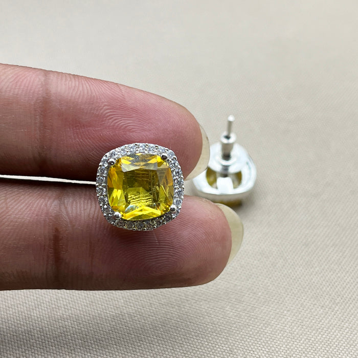 Elegant Silver Stud Earrings Featuring Bright Citrine and Sparkling CZ Stones