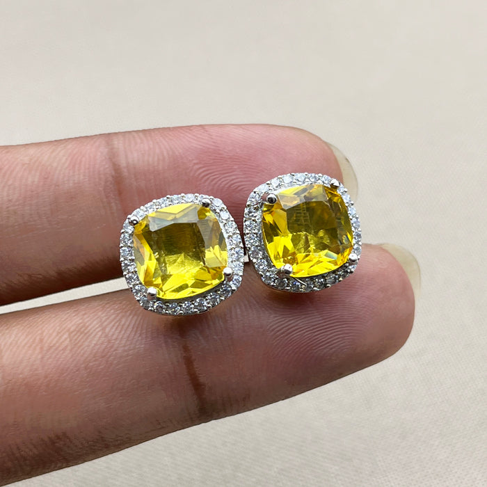 Elegant Silver Stud Earrings Featuring Bright Citrine and Sparkling CZ Stones