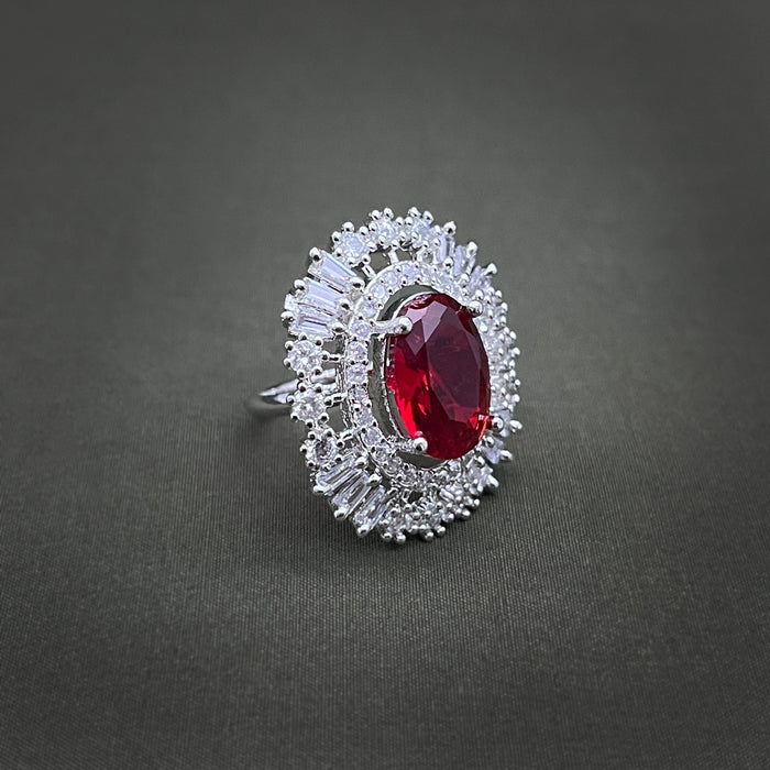 Silver-Plated Garnet and CZ Oval Shape Adjustable Ring