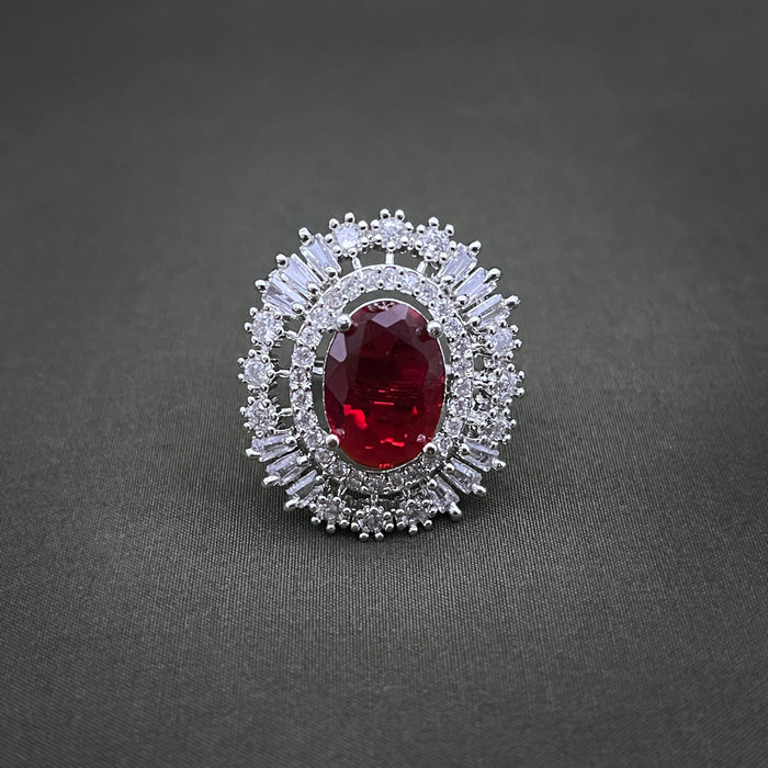 Silver-Plated Garnet and CZ Oval Shape Adjustable Ring