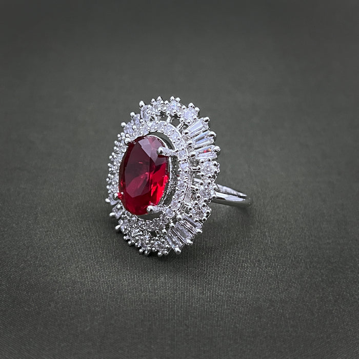 Silver-Plated Garnet and CZ Oval Shape Adjustable Ring