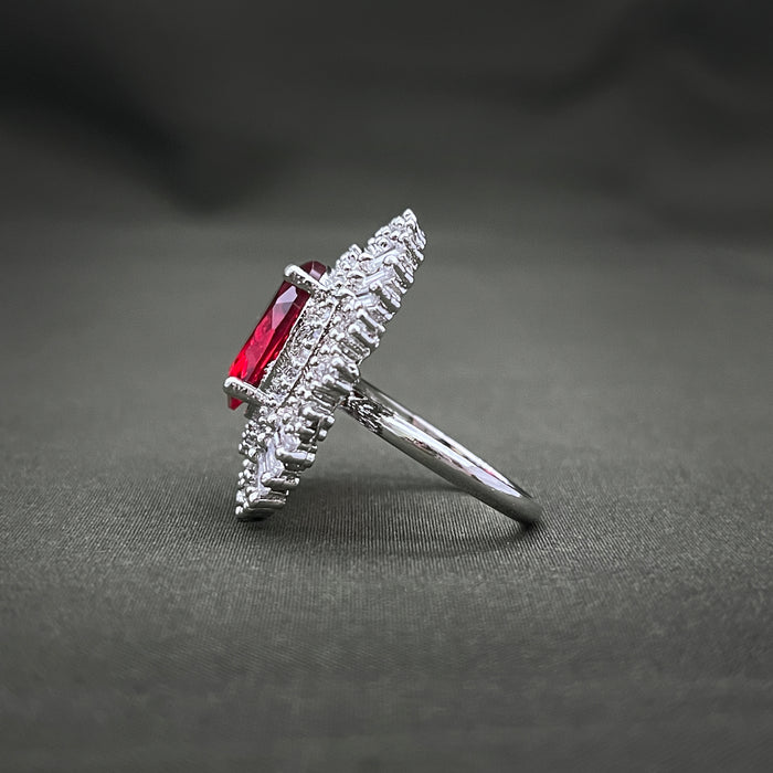 Silver-Plated Garnet and CZ Oval Shape Adjustable Ring