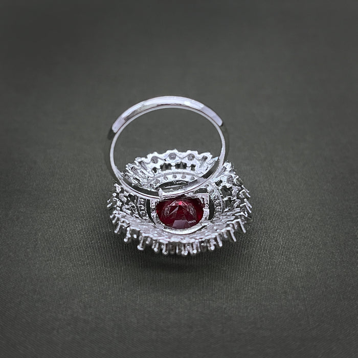 Silver-Plated Garnet and CZ Oval Shape Adjustable Ring
