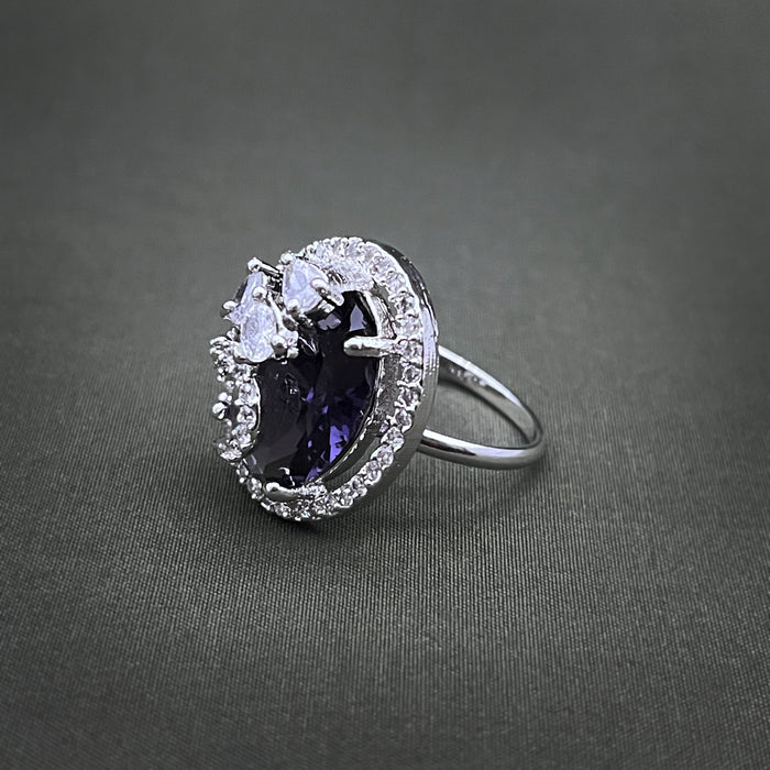 Silver-Plated Garnet and CZ Designer Oval Shape Adjustable Ring