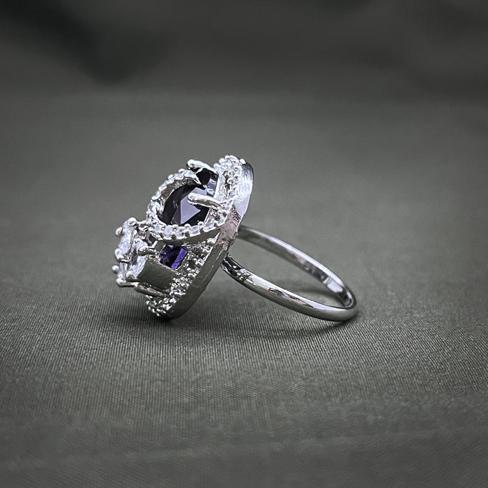 Silver-Plated Garnet and CZ Designer Oval Shape Adjustable Ring