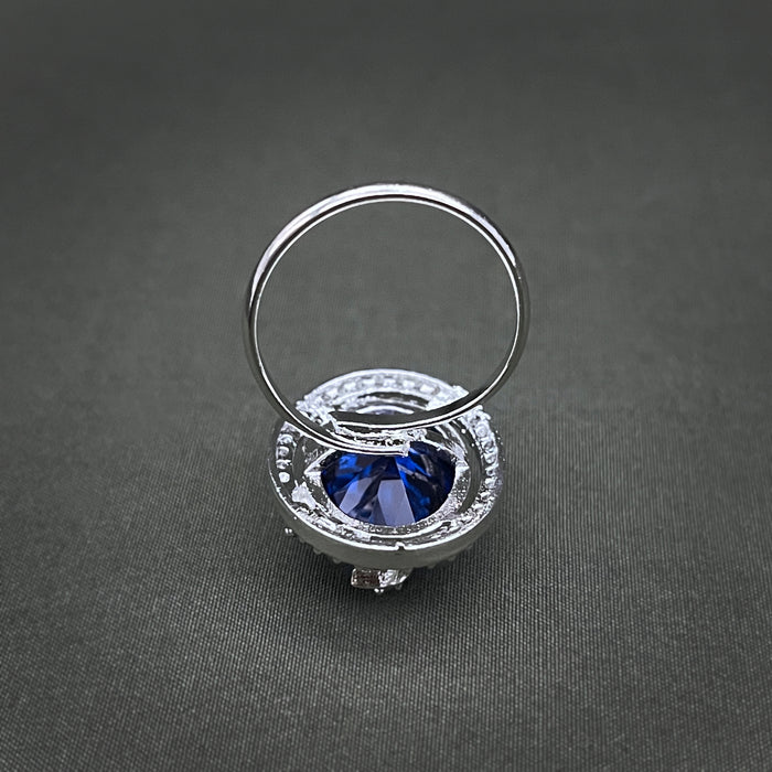 Silver-Plated Sapphire and CZ Designer Oval Shape Adjustable Ring