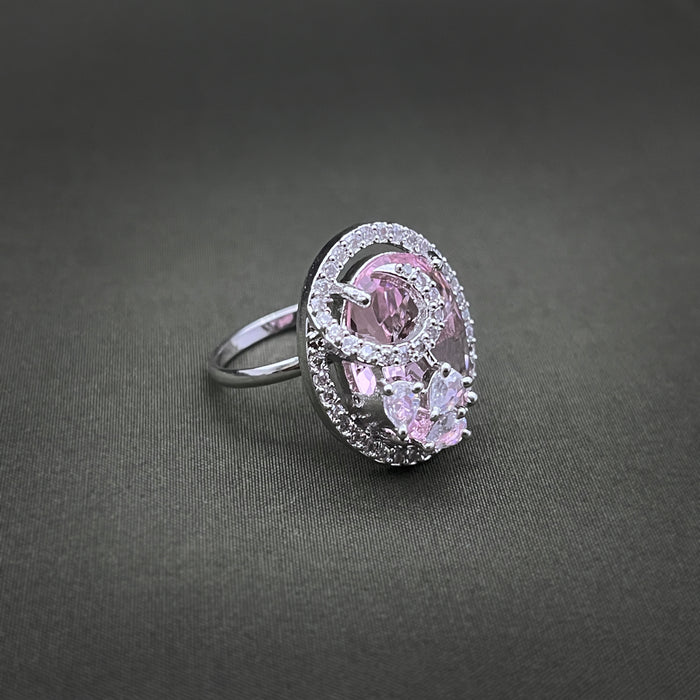 Silver-Plated Rose Quartz and CZ Designer Oval Shape Adjustable Ring