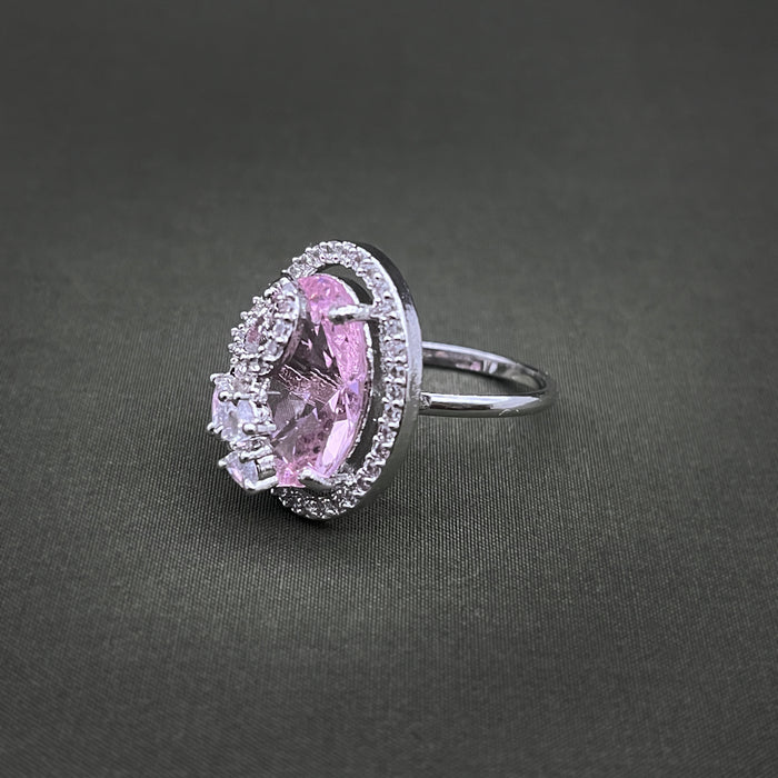 Silver-Plated Rose Quartz and CZ Designer Oval Shape Adjustable Ring