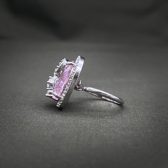 Silver-Plated Rose Quartz and CZ Designer Oval Shape Adjustable Ring