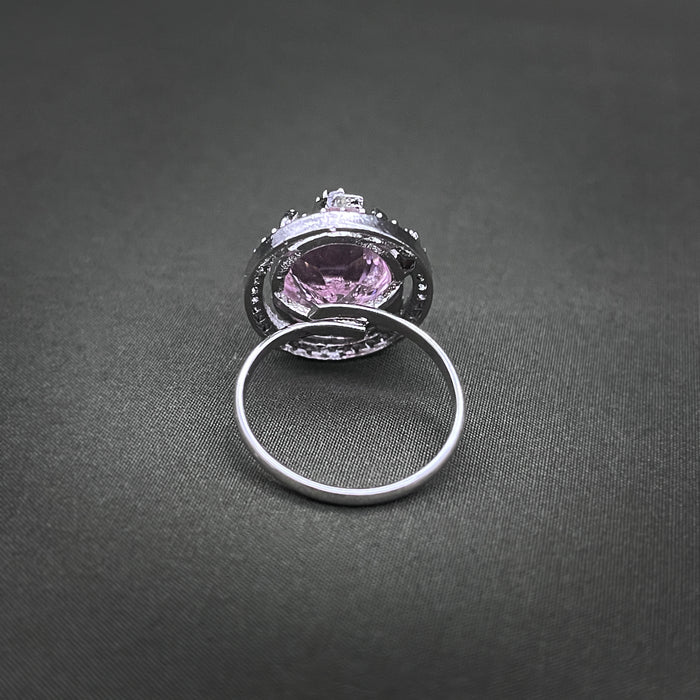 Silver-Plated Rose Quartz and CZ Designer Oval Shape Adjustable Ring