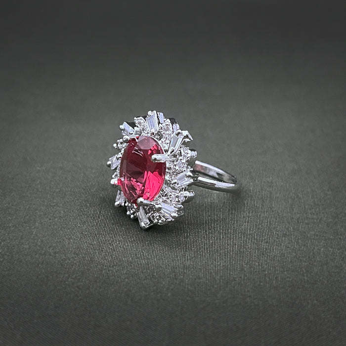 Silver-Plated Ruby and CZ Designer Oval Shape Adjustable Ring