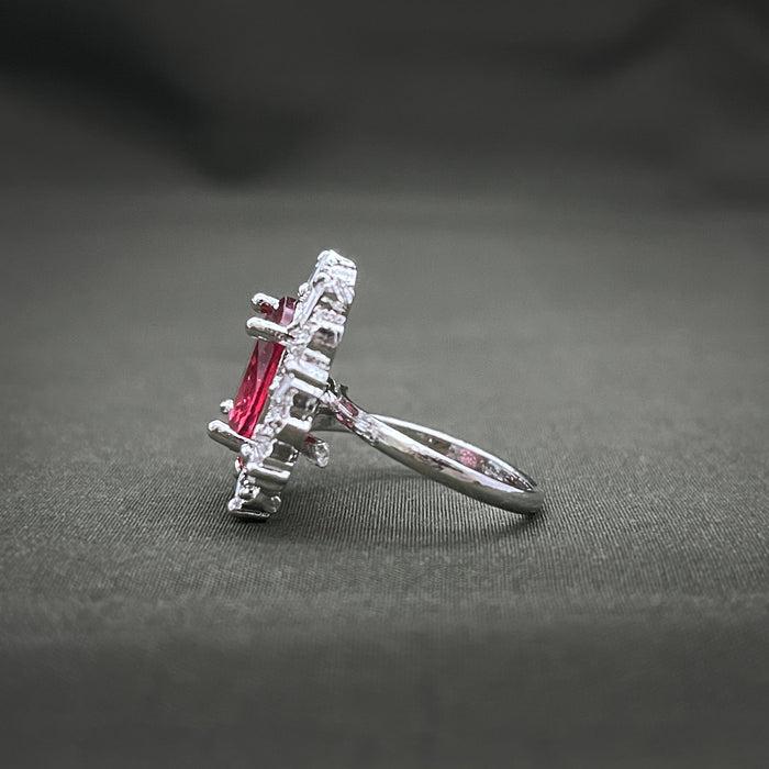 Silver-Plated Ruby and CZ Designer Oval Shape Adjustable Ring