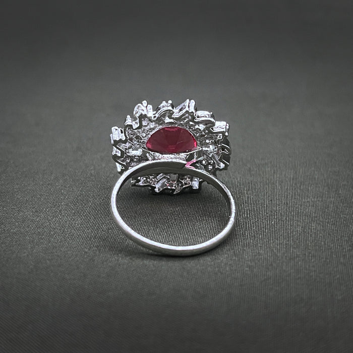 Silver-Plated Ruby and CZ Designer Oval Shape Adjustable Ring