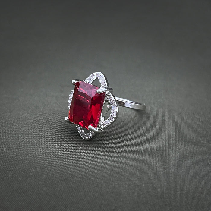 Silver-Plated Ruby and CZ Designer Square Shape Adjustable Ring