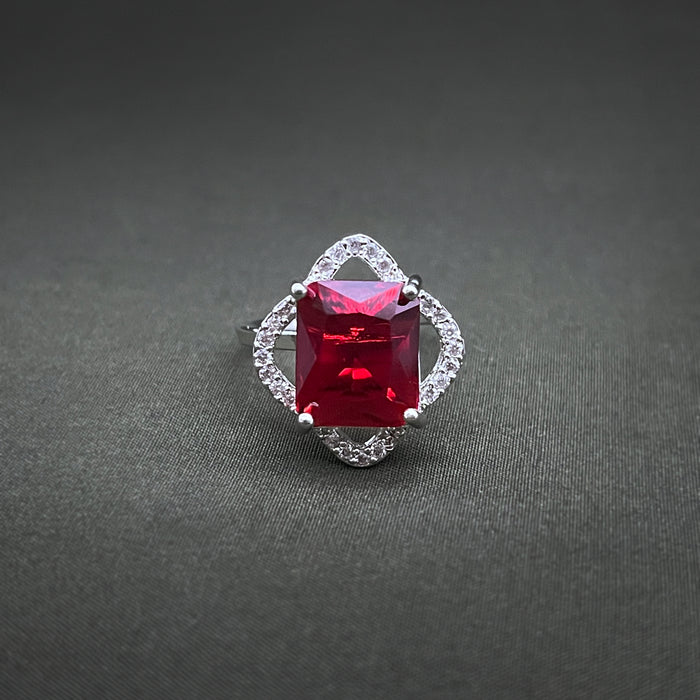 Silver-Plated Ruby and CZ Designer Square Shape Adjustable Ring