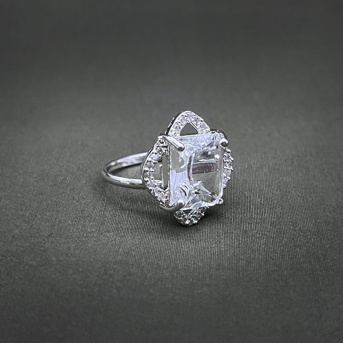Silver-Plated Adjustable Brass Ring with Zircon and CZ Stones