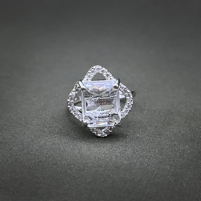 Silver-Plated Adjustable Brass Ring with Zircon and CZ Stones