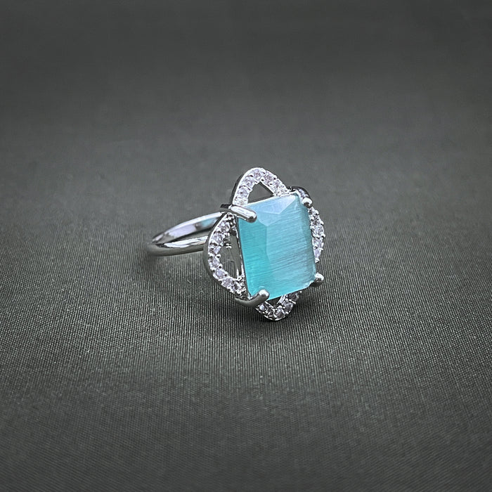 Silver-Plated Adjustable Brass Ring with Aquamarine and CZ Stones