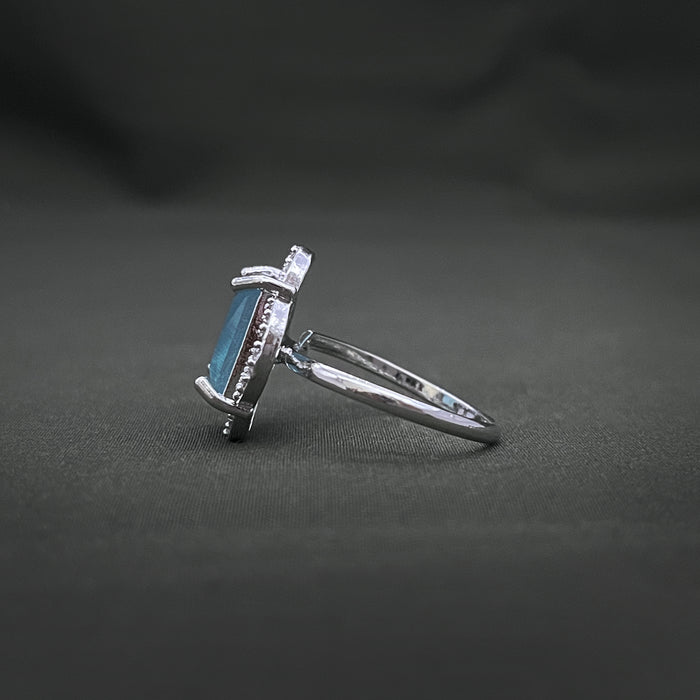 Silver-Plated Adjustable Brass Ring with Aquamarine and CZ Stones