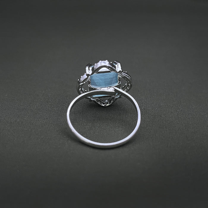 Silver-Plated Adjustable Brass Ring with Aquamarine and CZ Stones