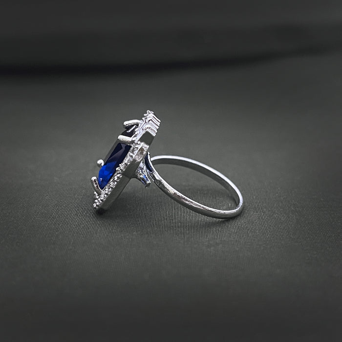 Silver-Plated Adjustable Brass Ring with Blue Sapphire & CZ Stones