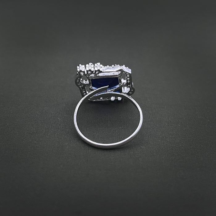 Silver-Plated Adjustable Brass Ring with Blue Sapphire & CZ Stones