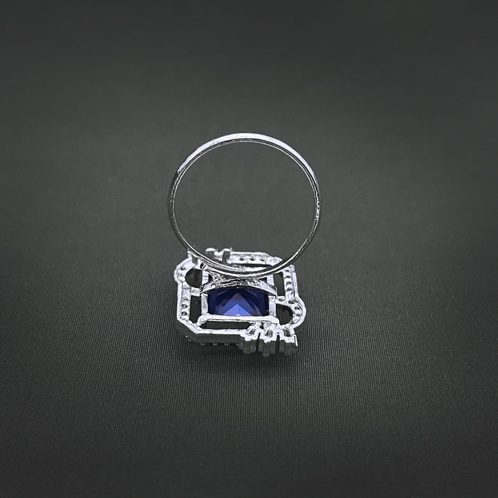 Silver-Plated Adjustable Brass Ring with Blue Sapphire & CZ Stones