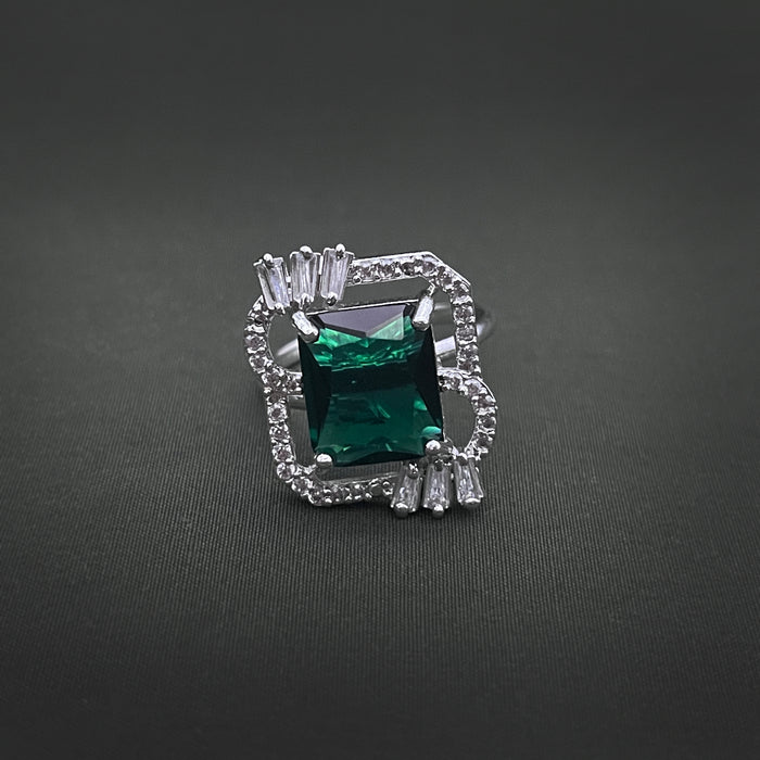 Silver-Plated Adjustable Brass Ring with Emerald & CZ Stones