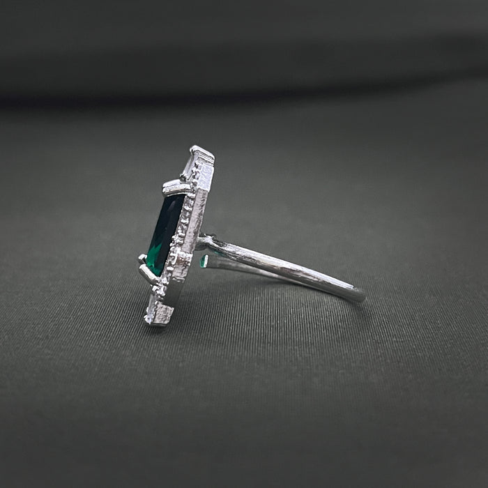 Silver-Plated Adjustable Brass Ring with Emerald & CZ Stones