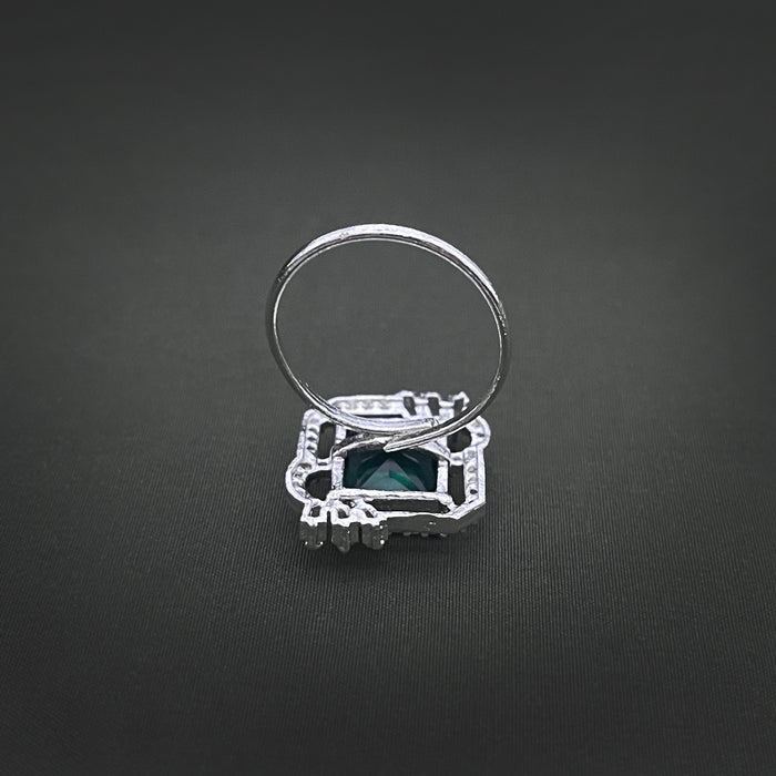 Silver-Plated Adjustable Brass Ring with Emerald & CZ Stones