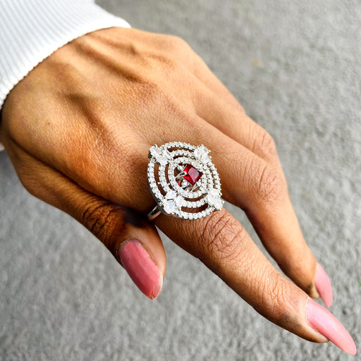 Elegant Silver-Plated Adjustable Ring with Red Garnet and CZ Stone
