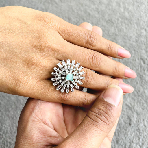 Aquamarine Stone Studded Silver Plated Ring