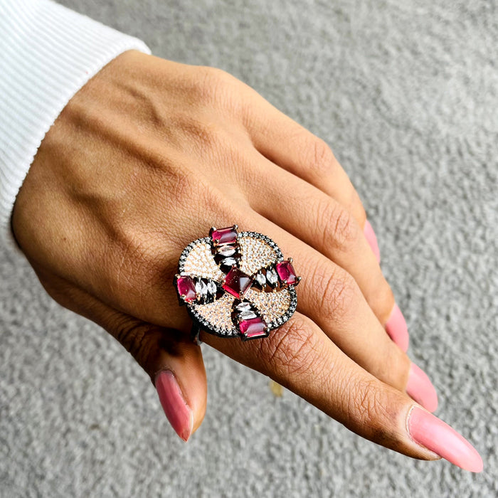 Silver-Plated Adjustable Ring with Pink Tourmaline & CZ Stones
