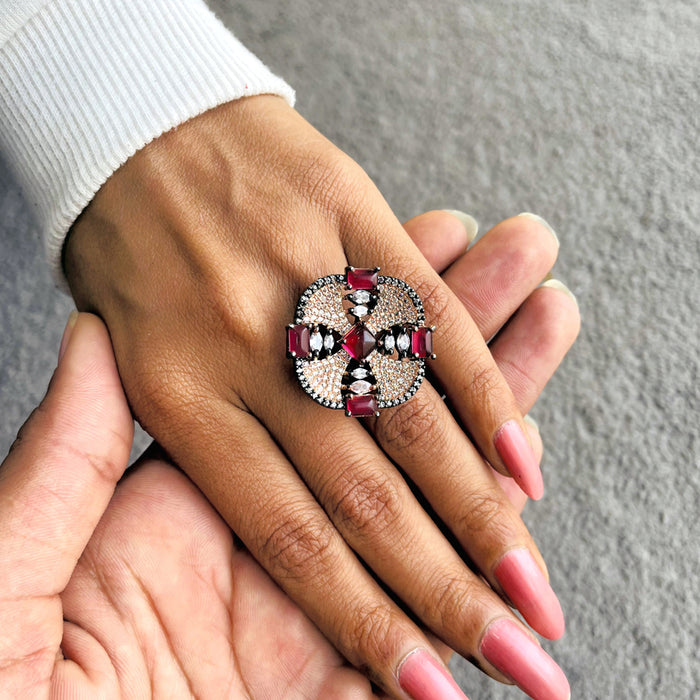 Silver-Plated Adjustable Ring with Pink Tourmaline & CZ Stones