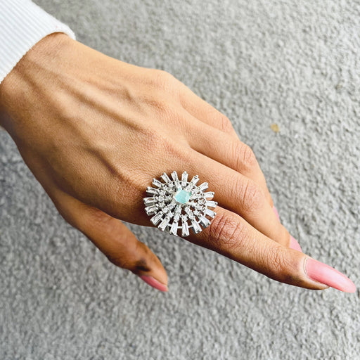 Aquamarine Stone Studded Silver Plated Ring