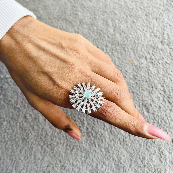 Aquamarine Stone Studded Silver Plated Ring