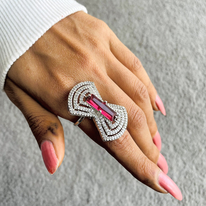 Silver Plated Adjustable Ring with Ruby and CZ Stones – Diwam Jewels