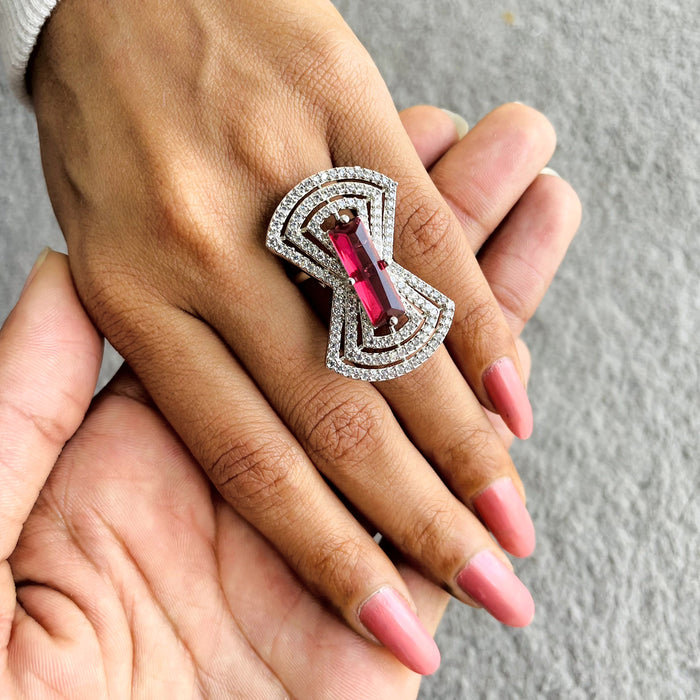 Silver Plated Adjustable Ring with Ruby and CZ Stones – Diwam Jewels