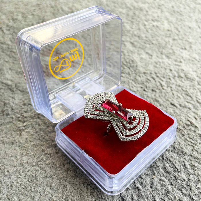 Silver Plated Adjustable Ring with Ruby and CZ Stones – Diwam Jewels