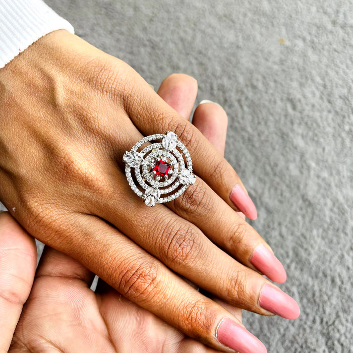 Elegant Silver-Plated Adjustable Ring with Red Garnet and CZ Stone