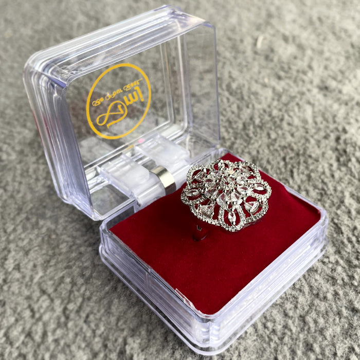 Silver Plated Adjustable Ring with Zircon and CZ Stones - Diwam Jewels