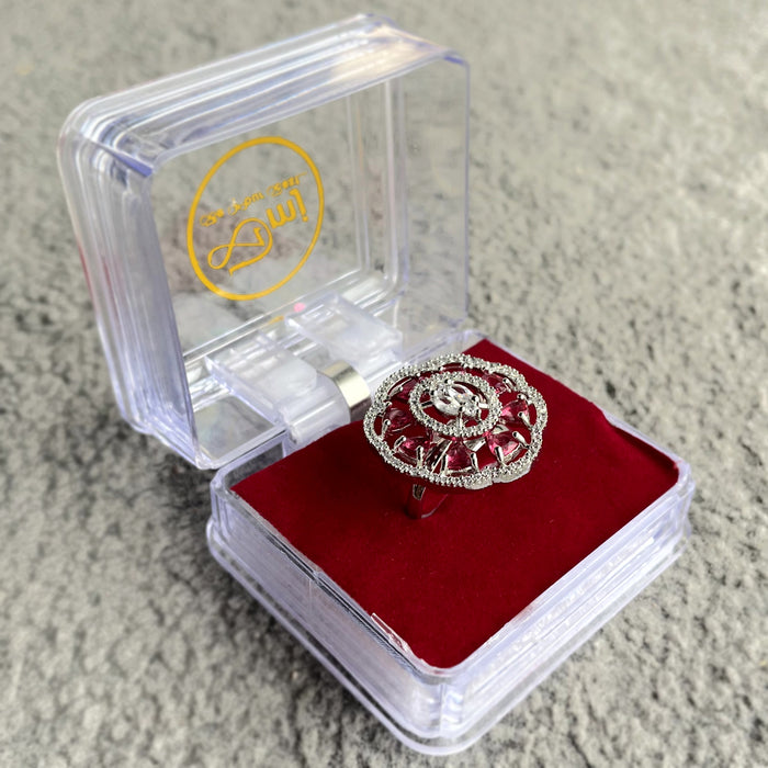 Silver Plated Adjustable Ring with Ruby and CZ Stones