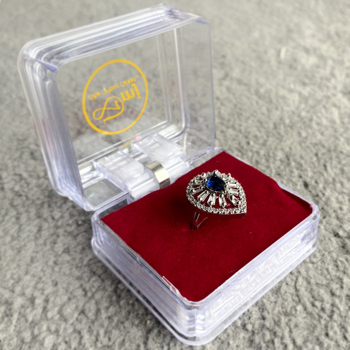 Silver Plated Adjustable Ring with Sapphire and CZ Stones - Diwam Jewels