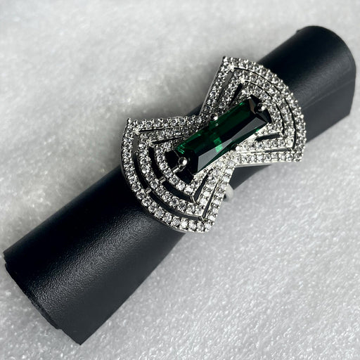 Silver Plated Adjustable Ring with Emerald and CZ Stones for Women and Girls