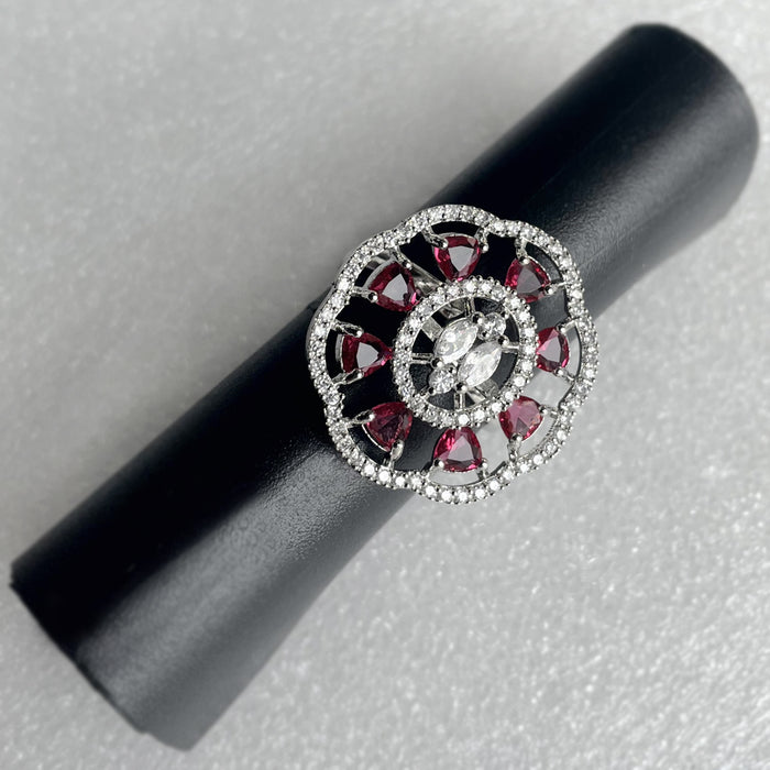 Silver Plated Adjustable Ring with Ruby and CZ Stones