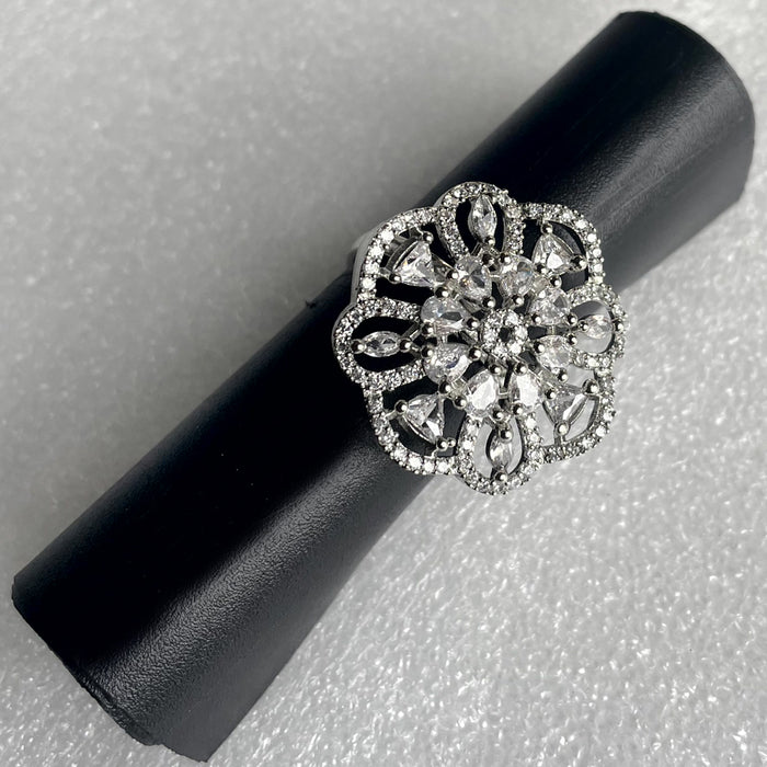 Silver Plated Adjustable Ring with Zircon and CZ Stones - Diwam Jewels