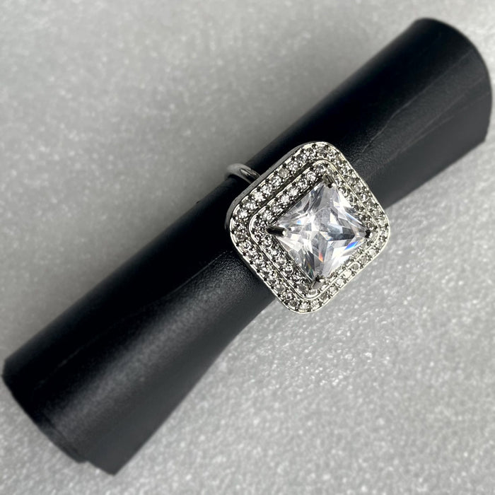 Silver Plated Adjustable Ring with Zircon and CZ Stones