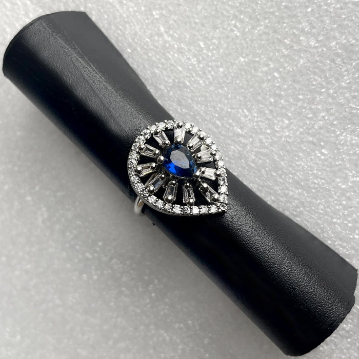 Silver Plated Adjustable Ring with Sapphire and CZ Stones - Diwam Jewels