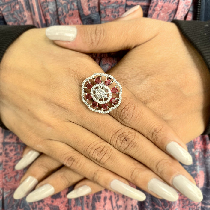 Silver Plated Adjustable Ring with Ruby and CZ Stones